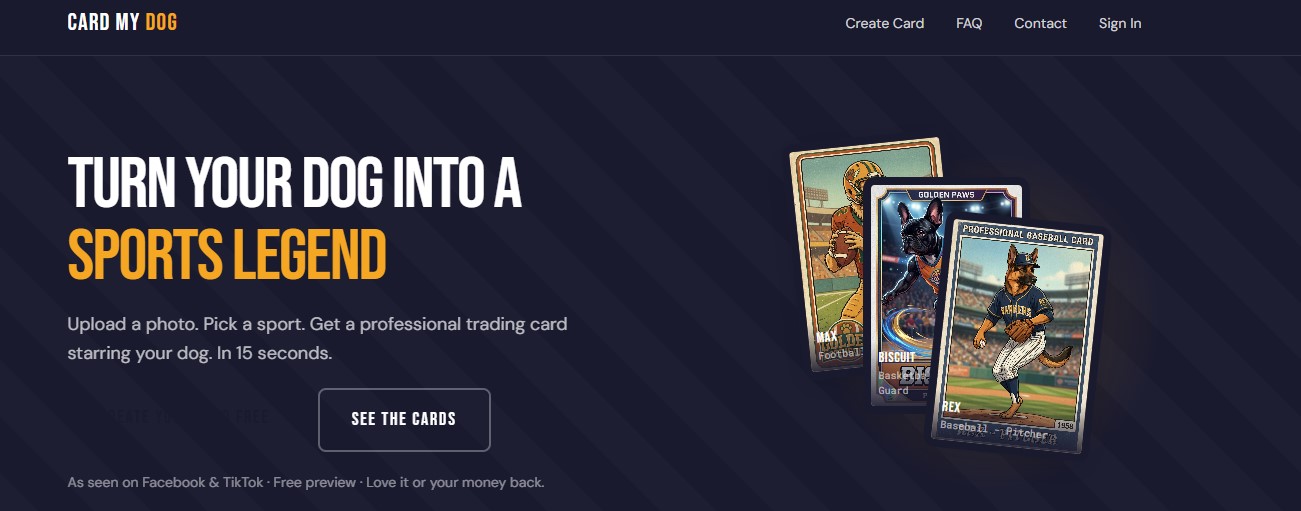 CardMyDog — Turn Your Dog Into a Sports Legend website preview