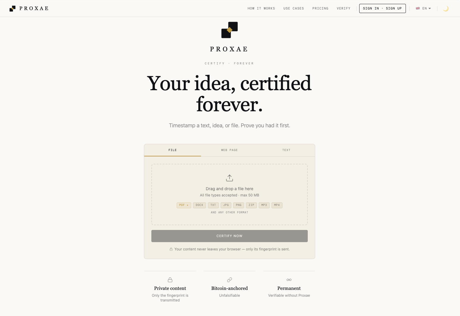 Proxae — Certify your ideas in the Bitcoin blockchain website preview