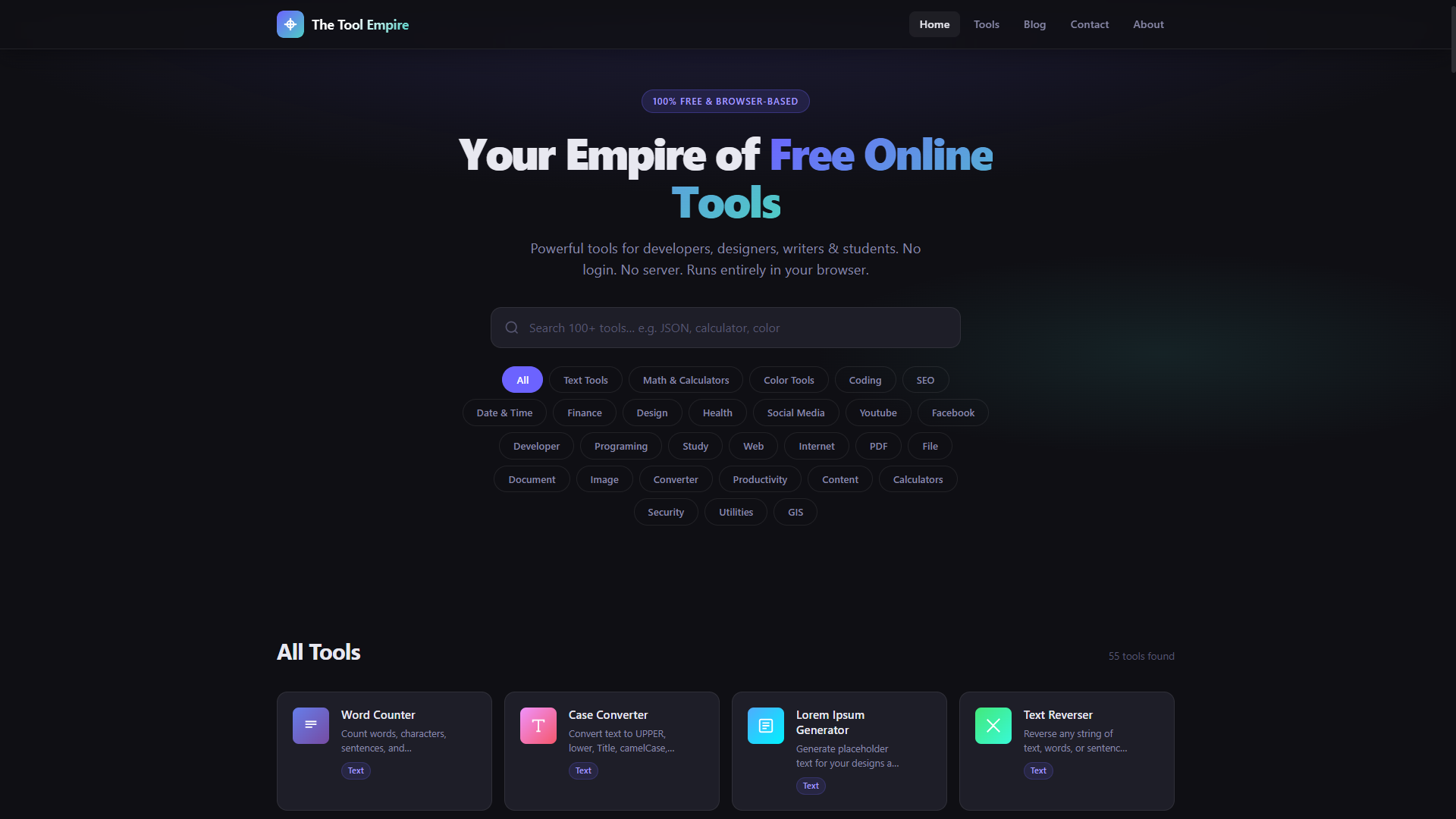 The Tool Empire — Free Browser-Based Tools website preview
