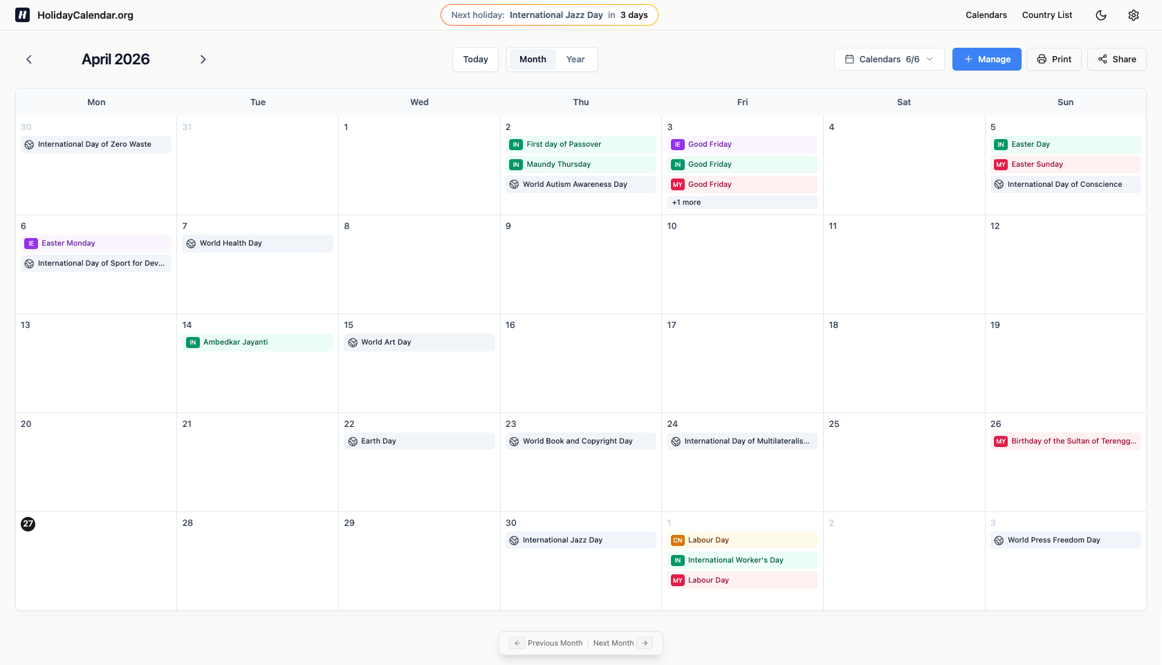 HolidayCalendar preview