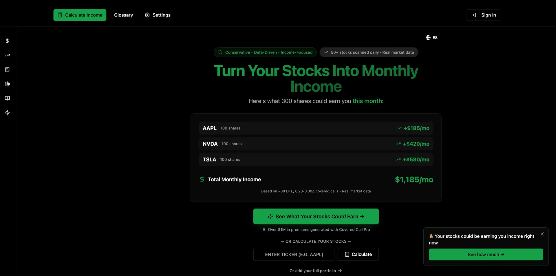 Covered Call Screener website preview