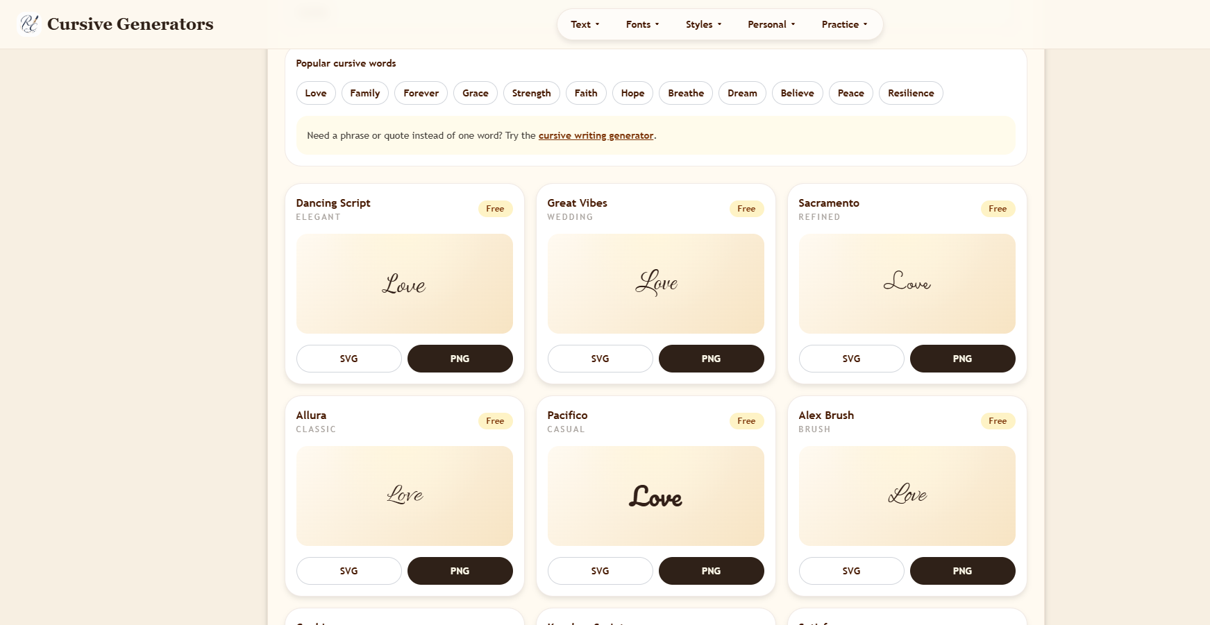 Cursive Generator - Free PNG, SVG & Copy Paste | Cursive Generators website preview
