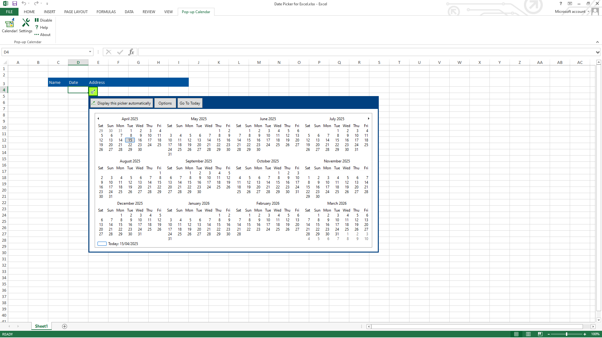 Date Picker for Excel preview