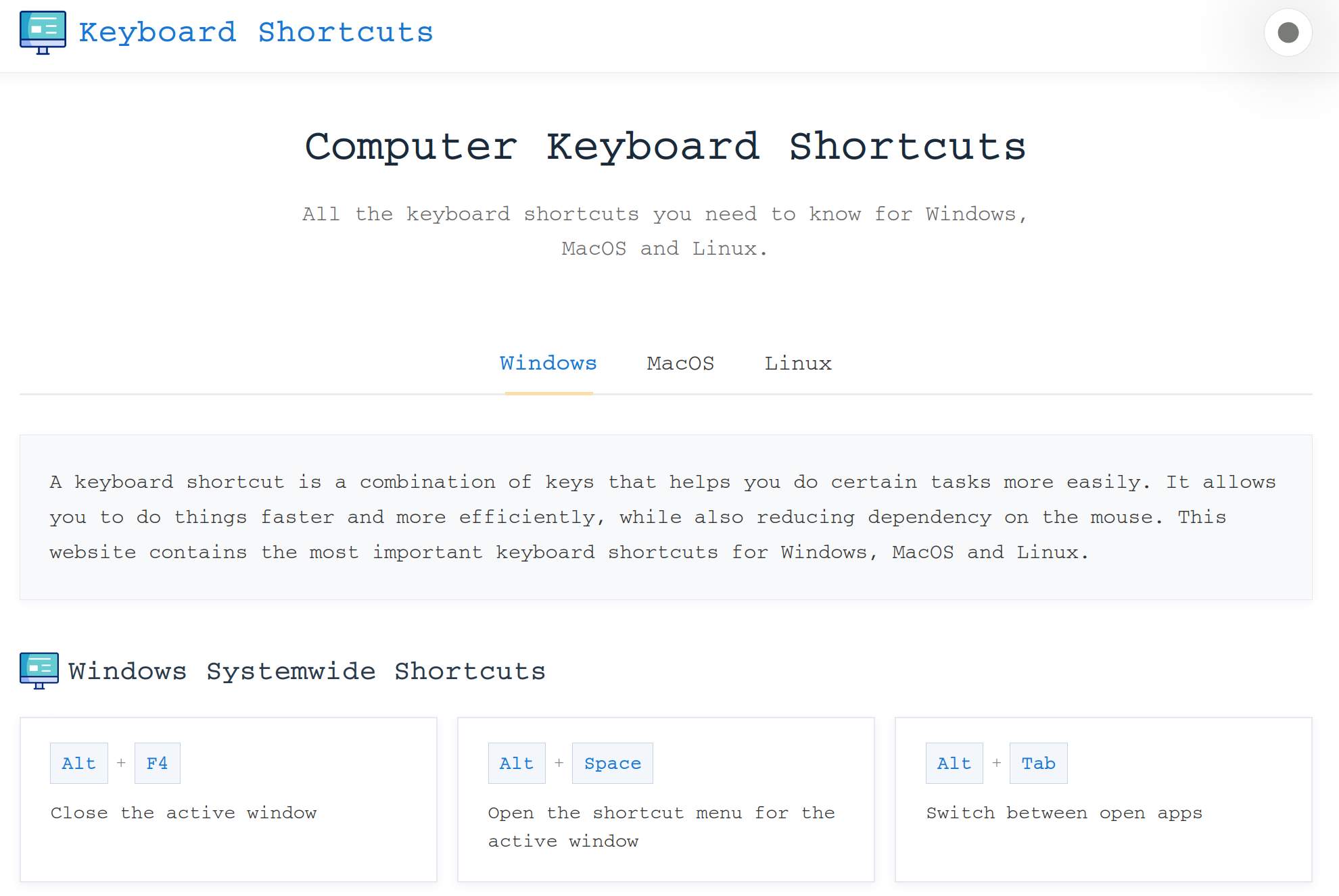 Online Keyboard Shortcuts preview