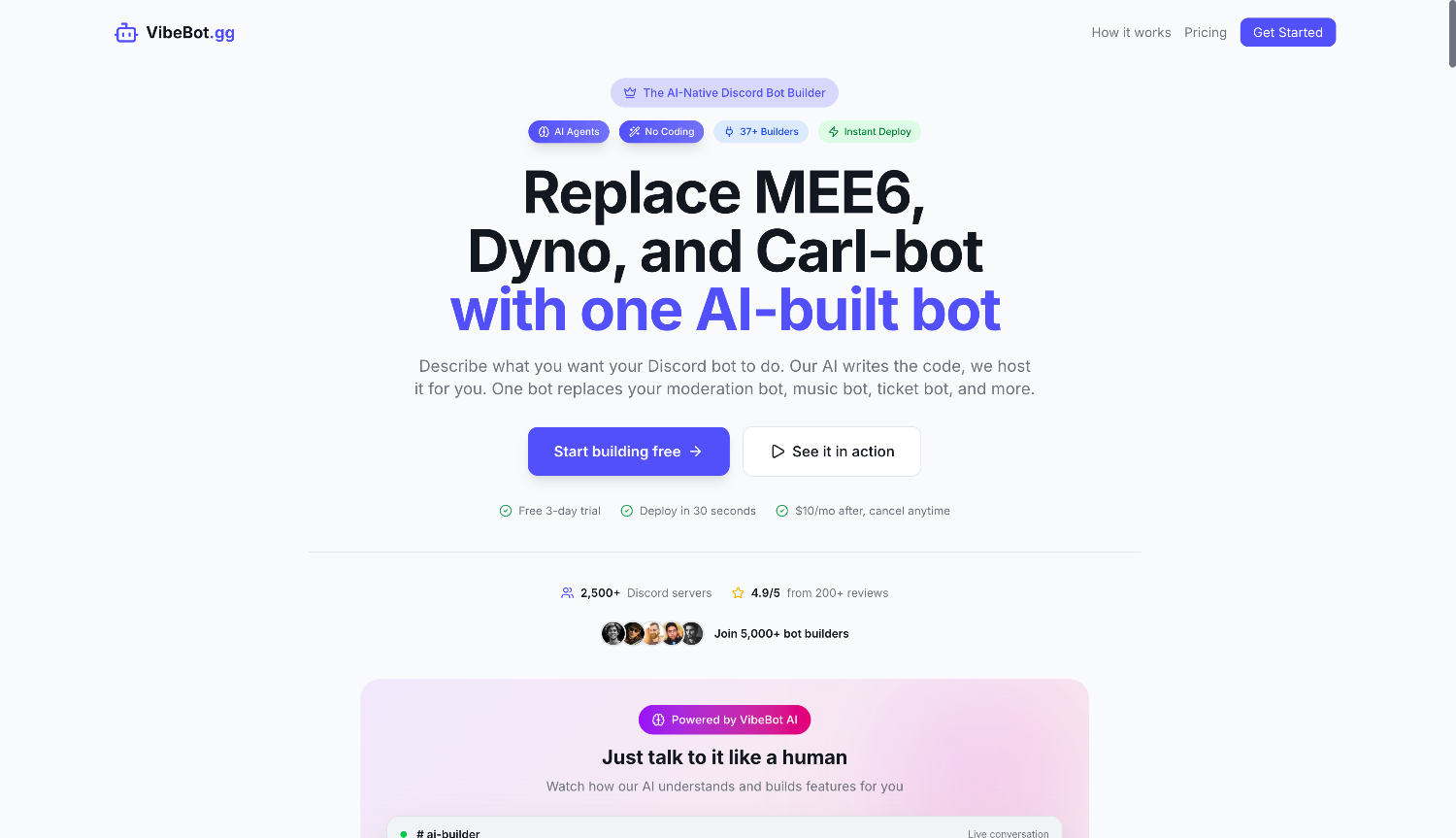 VibeBot - AI Discord Bot Maker | No Coding Required preview