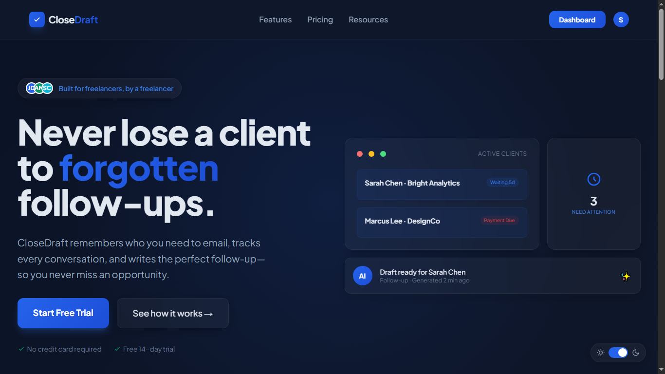 CloseDraft | Never lose a client again website preview