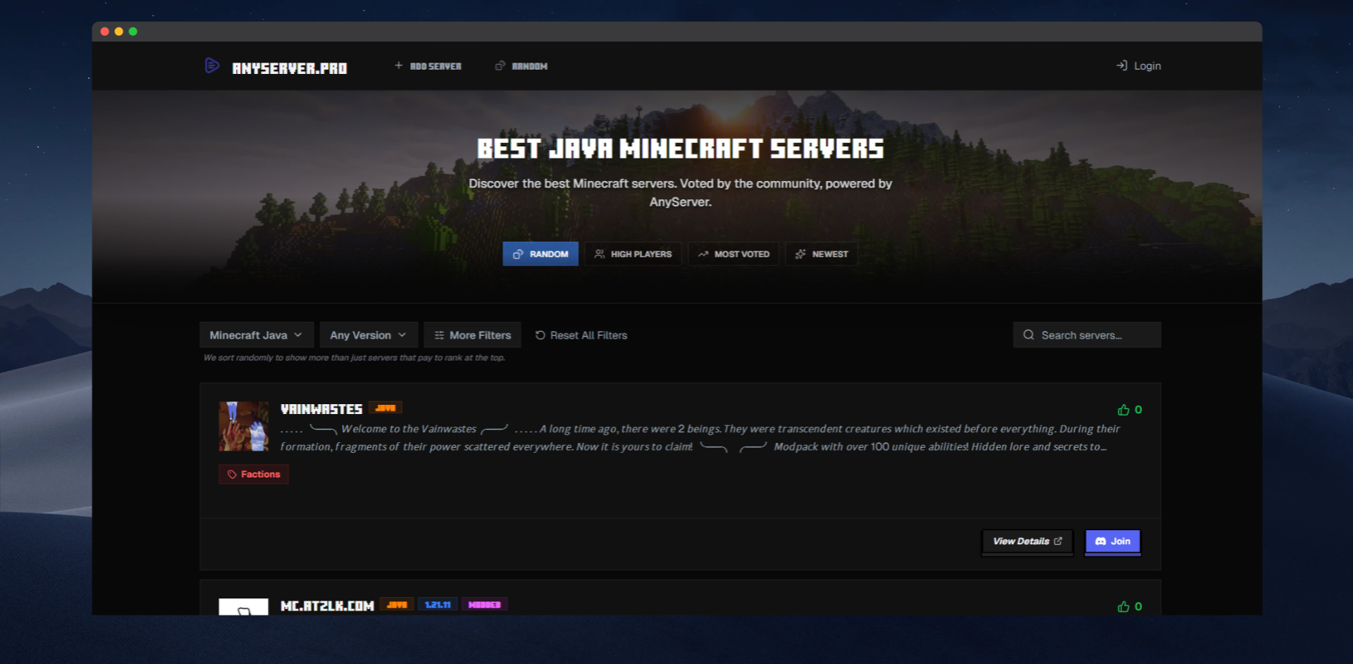 Best Java Minecraft Servers 2026 | AnyServer.pro website preview