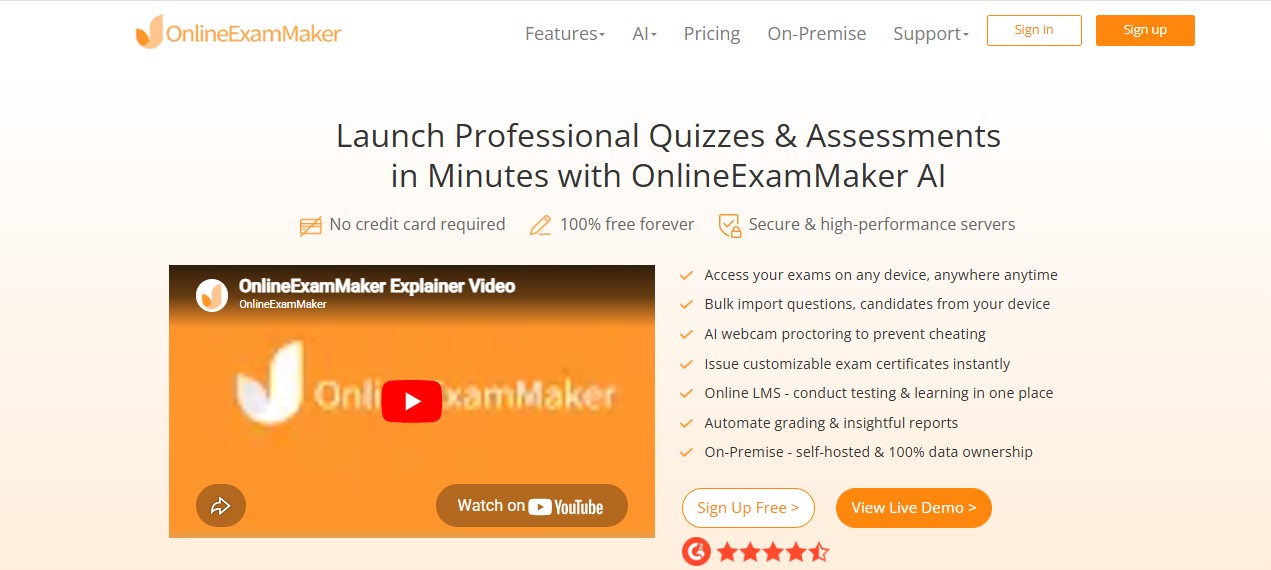 Free Online Exam Platform for Quizzes, Assessments, Surveys, & Courses - OnlineExamMaker website preview