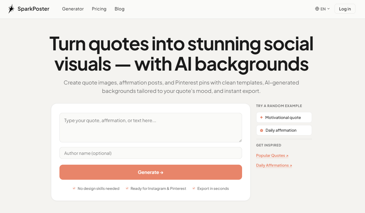 SparkPoster — AI Quote Image Generator for Pinterest, Instagram & Social Media screenshot 1