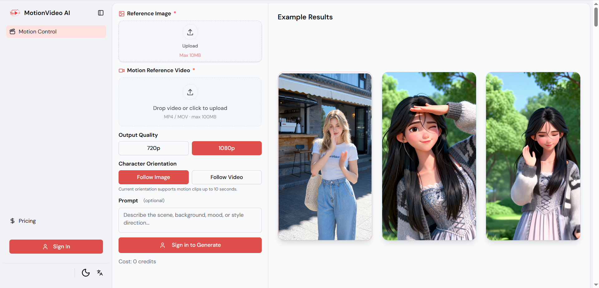 Motion Control AI Video Generator website preview