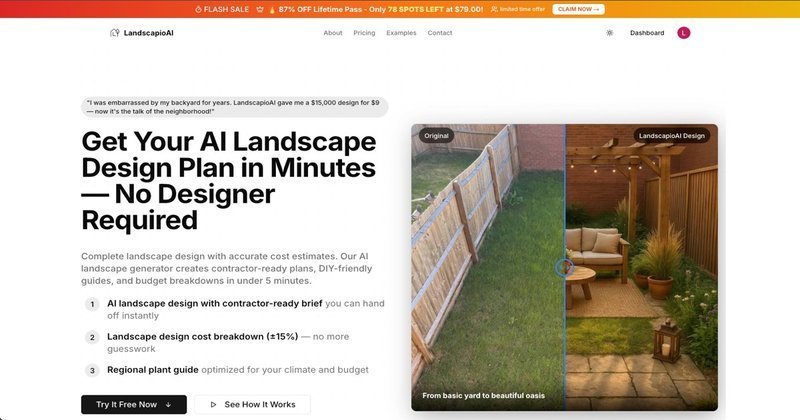 Free AI Landscape Design Generator & Cost Estimates – LandscapioAI website preview