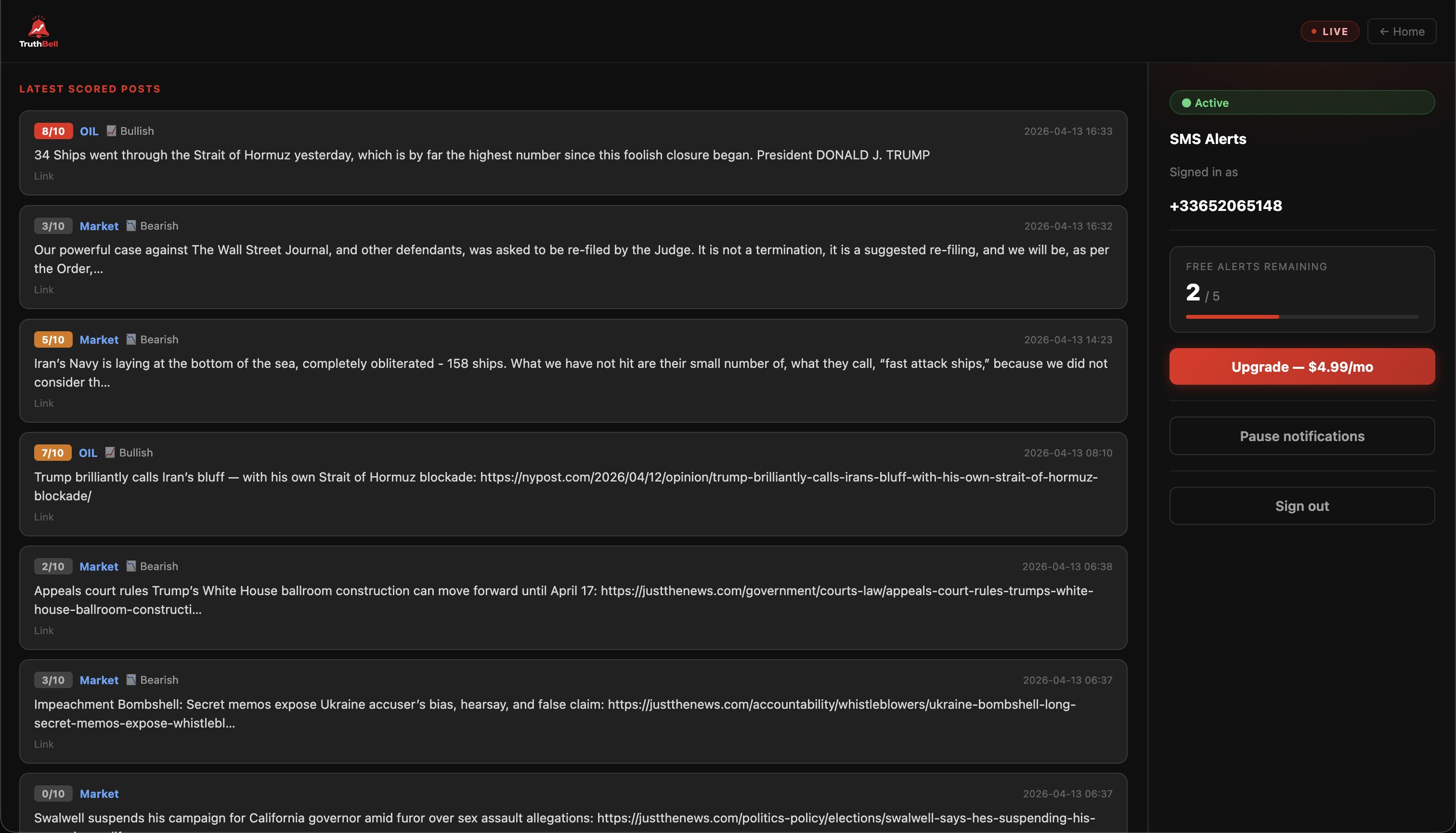 TruthBell — Trump posts. Markets move. You get the alert. screenshot 1