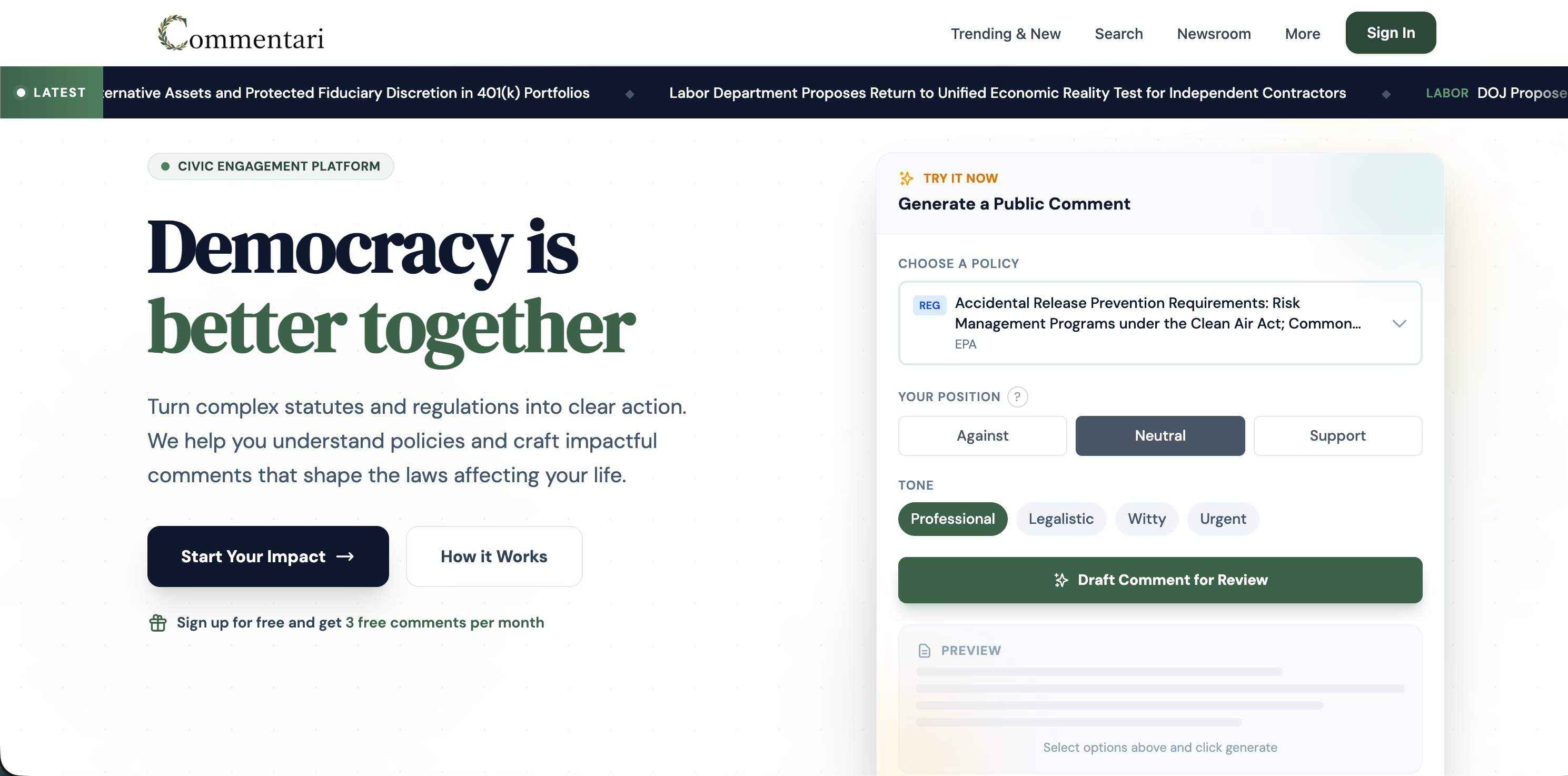 Commentari website preview